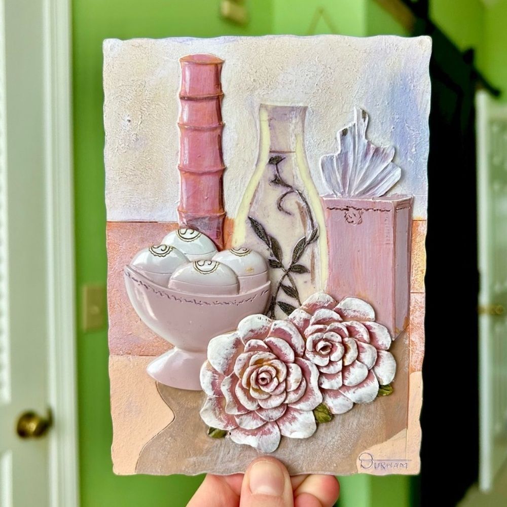 VTG Floral Vase 3D Tile Textured Art Plaque Wall Home Decor Accent By Durham